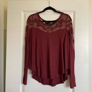 Free People New Romantics Flowy Long Sleeve Top with Lace Detailing in Maroon